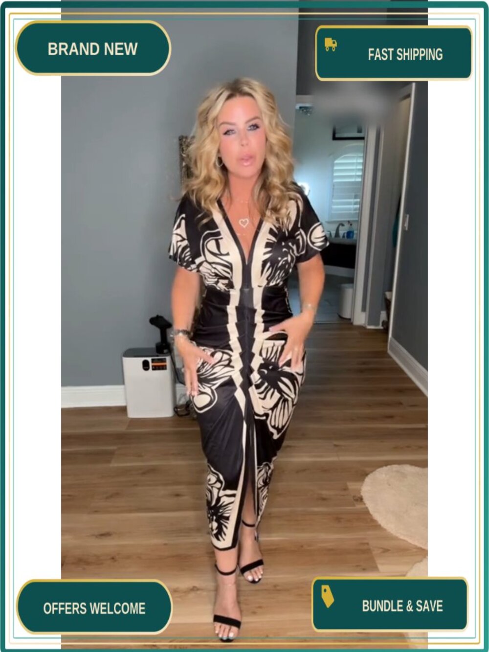Women's Plunge V-Neck Ruched Midi Dress Floral Bodycon Side Slit - Picture 6 of 6